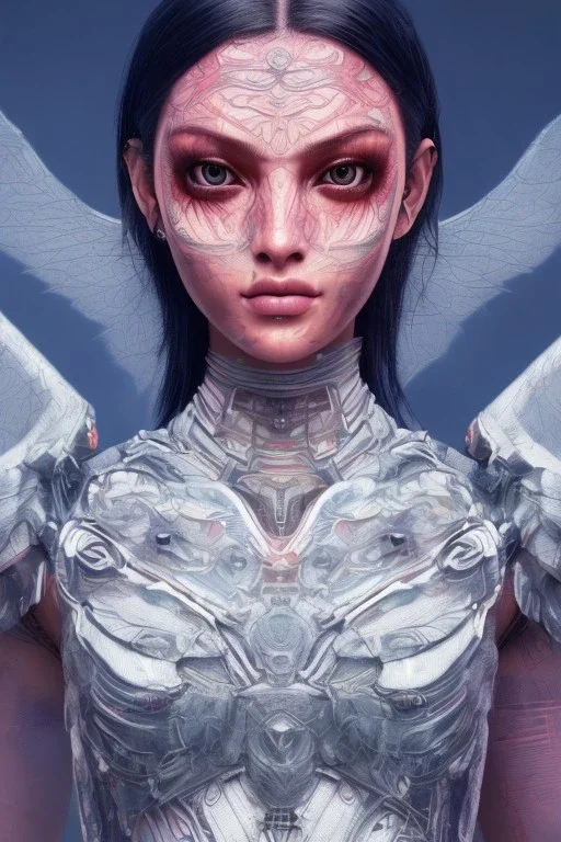 Battle angel, futuristic fantasy assassin character, portrait from waist up, intricate eyeliner, vibrant eyeshadow, clear completion, soft lighting, 4k resolution, intricate details, insanely detailed, white tank top, vibrant Japanese style tattoo sleeve, colorful cityscape background, masterpiece, expert, cinematic smooth, retroanime style, realistic details