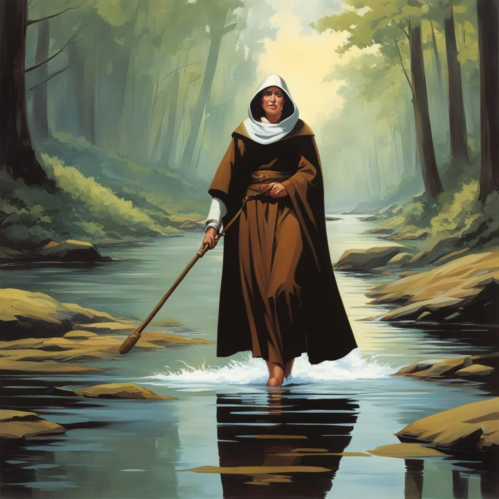 woman version of Friar Tuck with a wooden staff in the middle of the ford [art by Steve Rude]