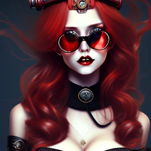 Femme sexy steampunk, longs cheveux roux, jupe cuir noir, yeux noirs, lunettes