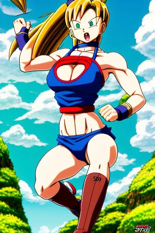 In the style of Toriyama, hyper detailed, strikingly beautiful teen female, 16 years old, long ponytail, ginger hair, green eyes, medium freckles, full lips, full body, full face, tiny breasts, athletic, centred camera, ignore NSFW, bikini, Videl, athletic