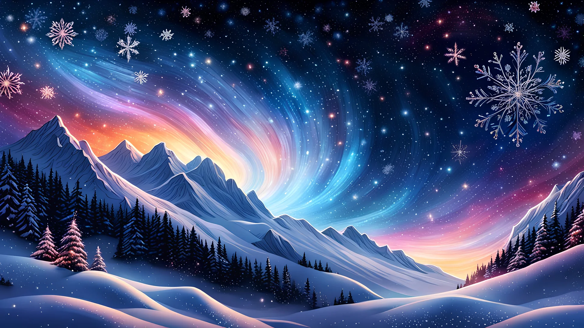 An amazing digital illustration of a starry sky filled with large, intricately detailed snowflakes, colorful, vibrant, swirling and sparkling, digital art, storybook illustration, a touch of photorealism.