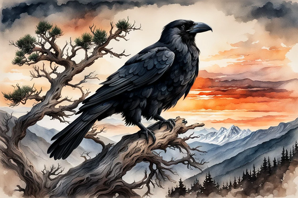 museum quality ink wash and watercolor painting of an aged, wandering Raven perched in the branches of an ancient, gnarled and twisted, Bristlecone Pine, on a remote plateau in the Rocky Mountains at sunset, in the style of Karl Bodmer, and Winslow Homer, rendered as an aquatint, with a fine art aesthetic, highly detailed , 8k UHD cinegraphic realism, dramatic natural lighting