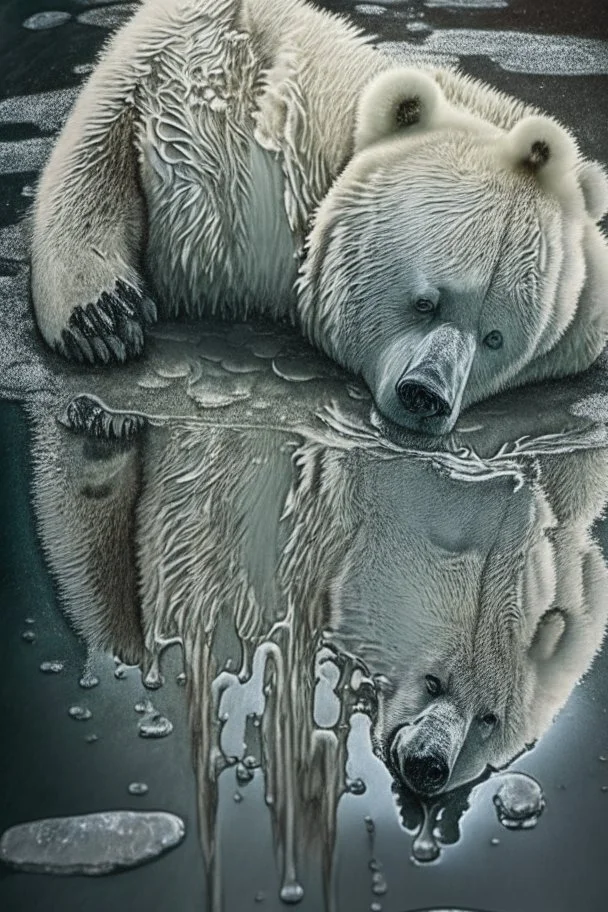 polar bear melting into a puddle, hyper-realistic photography, detailed expression of agony, hyper-realistic fur and anatomy details, Takeshi Kawano style, engraved fur details, anatomically correct animal, dark colour tone, epic colour treatment, cinematic colour treatment, meticulously intricate perfectly symmetrical extremely detailed, pixiv daily ranking, pixiv, extreme depth of field, artstation, sculpture style, spectacular details, volumetric lighting, masterpiece, cinematic, Hollywood pr