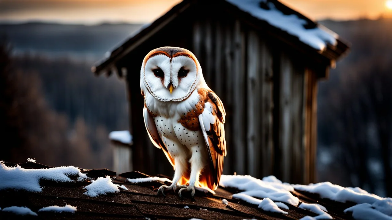 a barn owl sitting an old ruined rooftop and looking to te camera, over a winter landscacpe with european forest , little light, sunrise, one old ruined small hut from stands above, high detailed, sharp focuses, photorealistic, perspective, cinematic