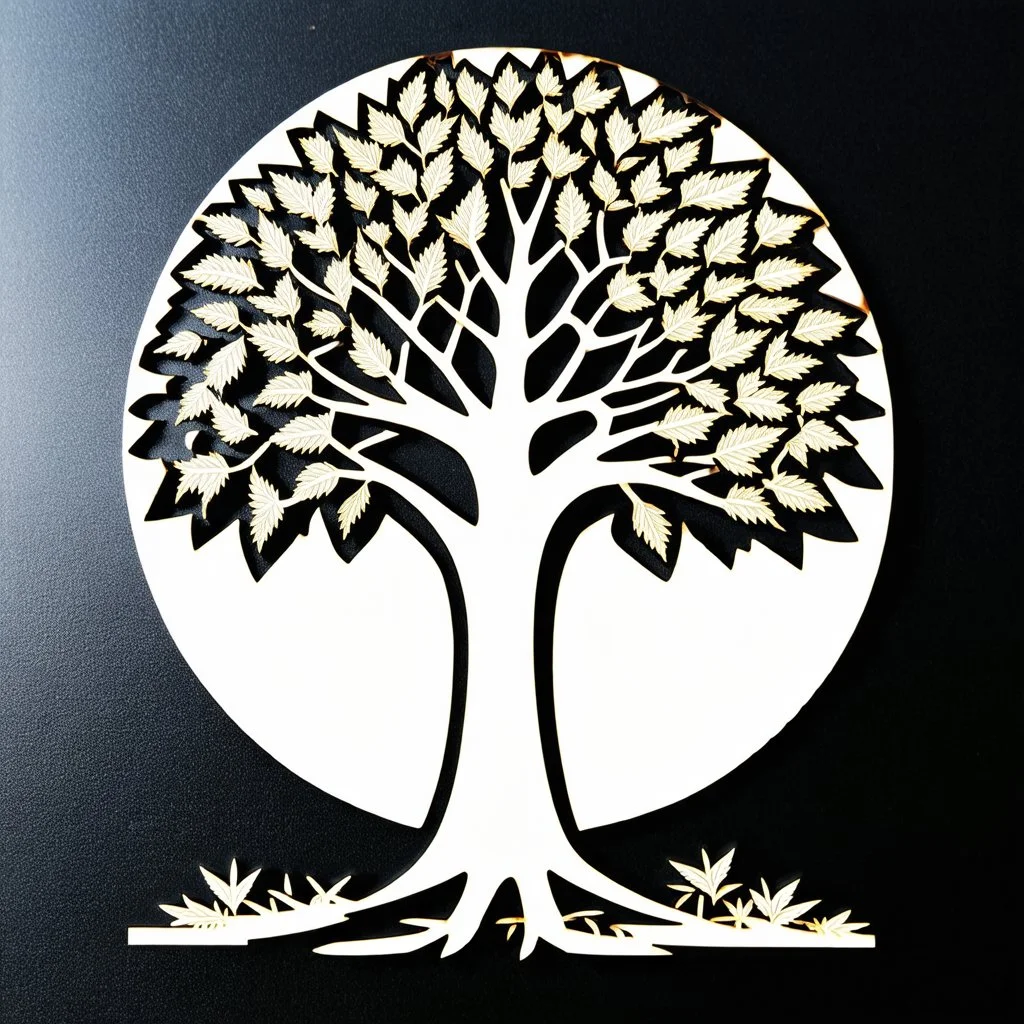 please draw a tree estilized, Round, with its branches and leaves forming a circle, only the silhouette, adapted for laser cutting
