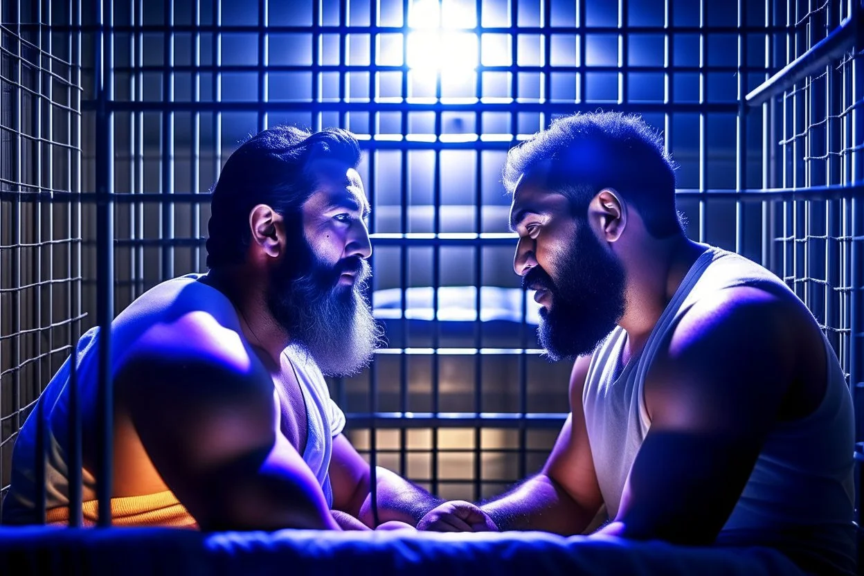 close up photography of two arab prisoners in cell sitting on the edge of a bed talking, muscular hairy chubby 45 years old,long beard, low lights, misery and poverty, in undershirt and boxers, little light enters from a skylight above, lights from above, photorealistic, ambient occlusion, front view from below