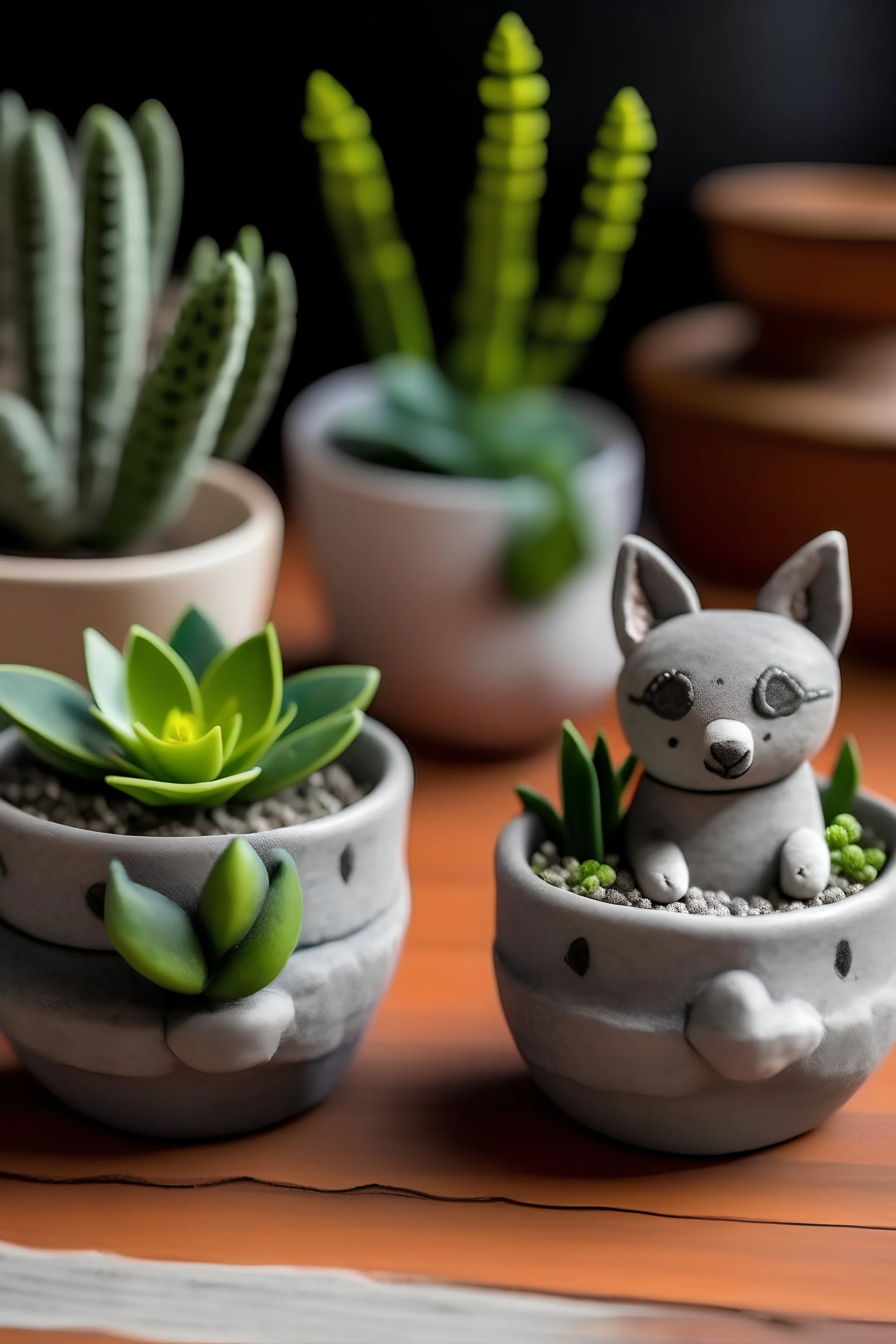 Create an image featuring a trio of mini concrete succulent planters, each shaped like a different cute animal, with corresponding succulents.