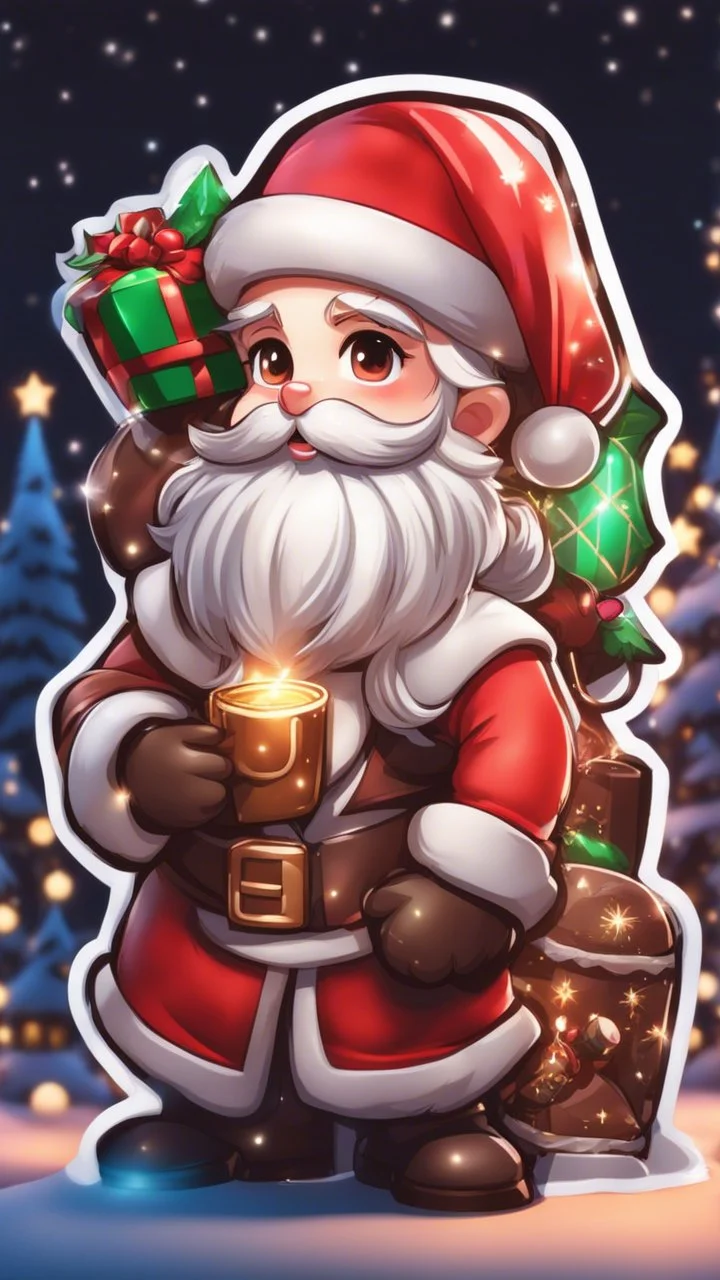 Chibi santa-claus hug big Chocolate in 8k sticker, style of fairy academia, neon lights, intricate details, highly detailed, high details, detailed portrait, masterpiece,ultra detailed, ultra quality