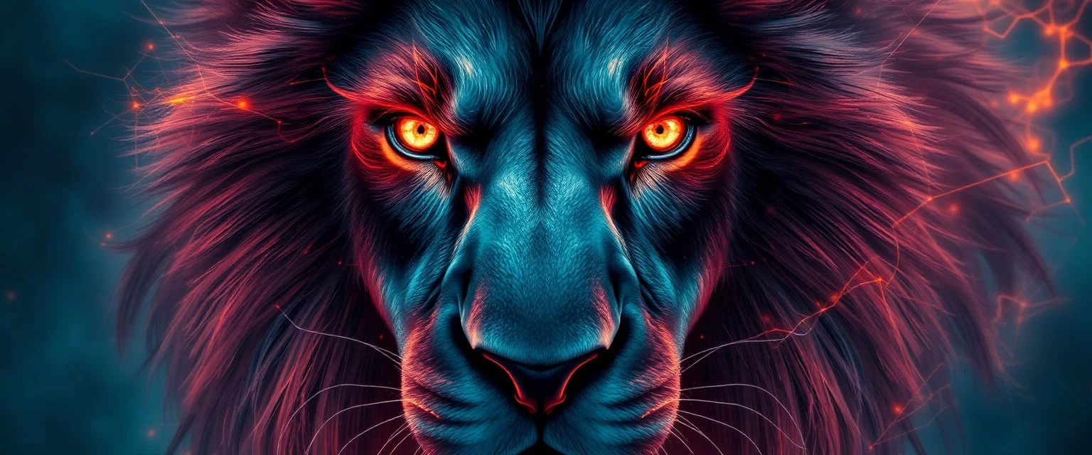 close up portrait of a plasma vampire flickers like hypnotic fire in geometric shapes like a dna swirl of time and a fearsome fluffy lion horse in the style of Titian and Giger