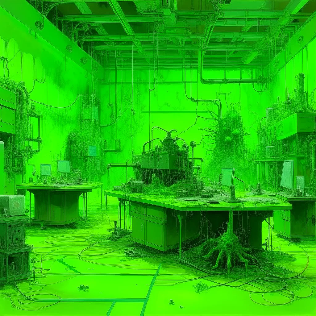 A lime green cybernetic laboratory with slimy bugs painted by Claude Monet