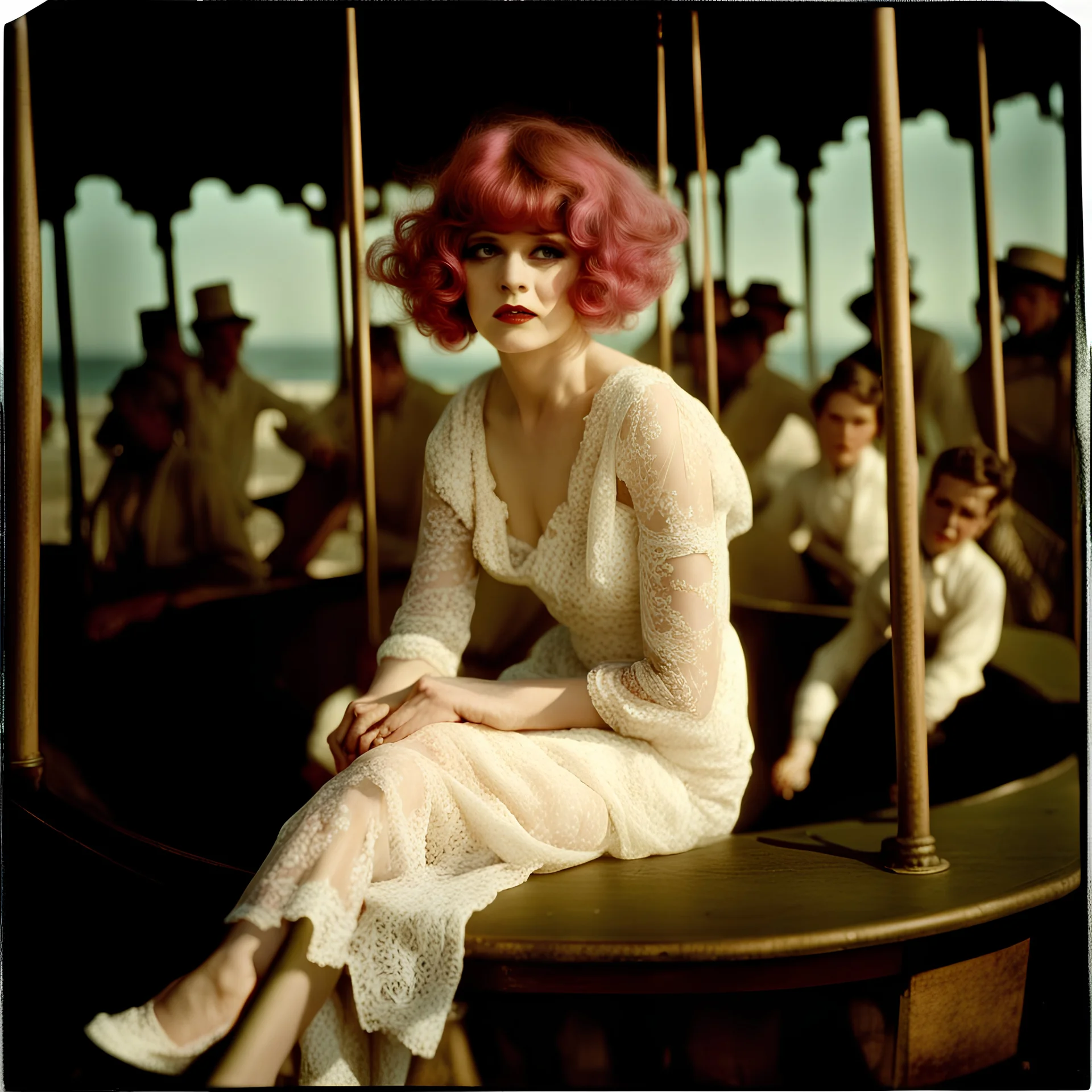 Clara bow, merry go round., in the wind, white lace dress, pink hair,autochrome
