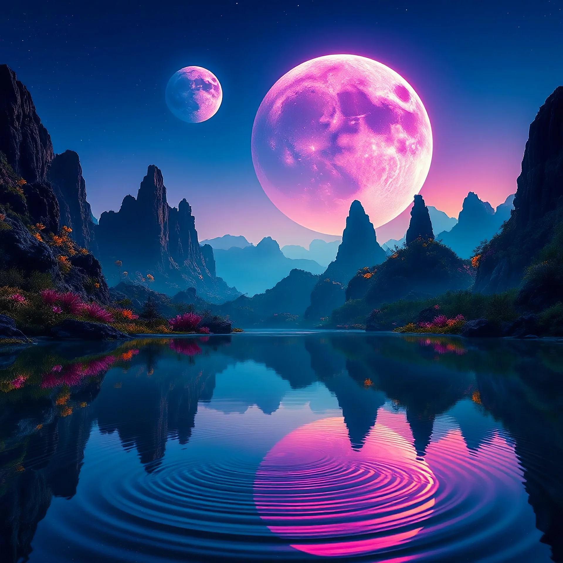 A breathtaking double exposure scene showcasing a vibrant alien planet. Towering moons dominate the sky, their surfaces glowing with vibrant hues of purple, teal, and gold. The massive celestial bodies are reflected in the serene waters of a lush valley, creating a mirror-like effect that amplifies the otherworldly beauty. Surrounding the valley are towering rock formations with vivid, alien plant life glowing softly in the twilight. The water ripples gently, distorting the reflections, adding a