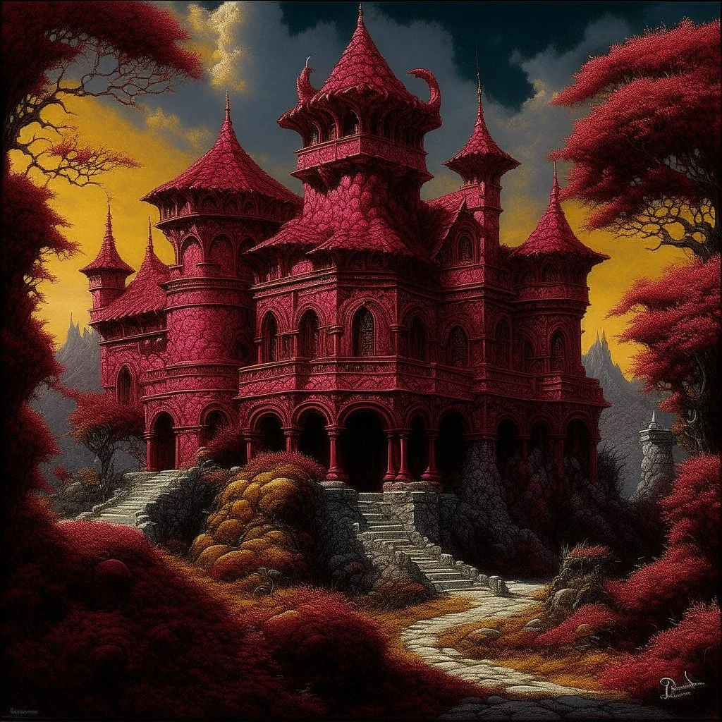 A dark reddish magenta Eastern palace with a fiery dragon painted by Frank Wilson
