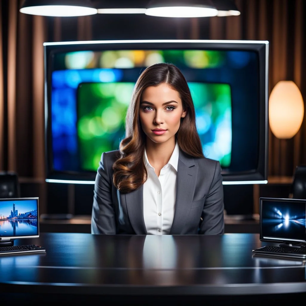 amodern tv studio a beautiful girl perfect face sitting next to desk presenting new looking at camera, with picture of an old man in tv screen at background