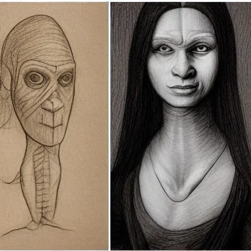 Female Goblin drawings by DaVinci very detailed and realistic, full body portrait