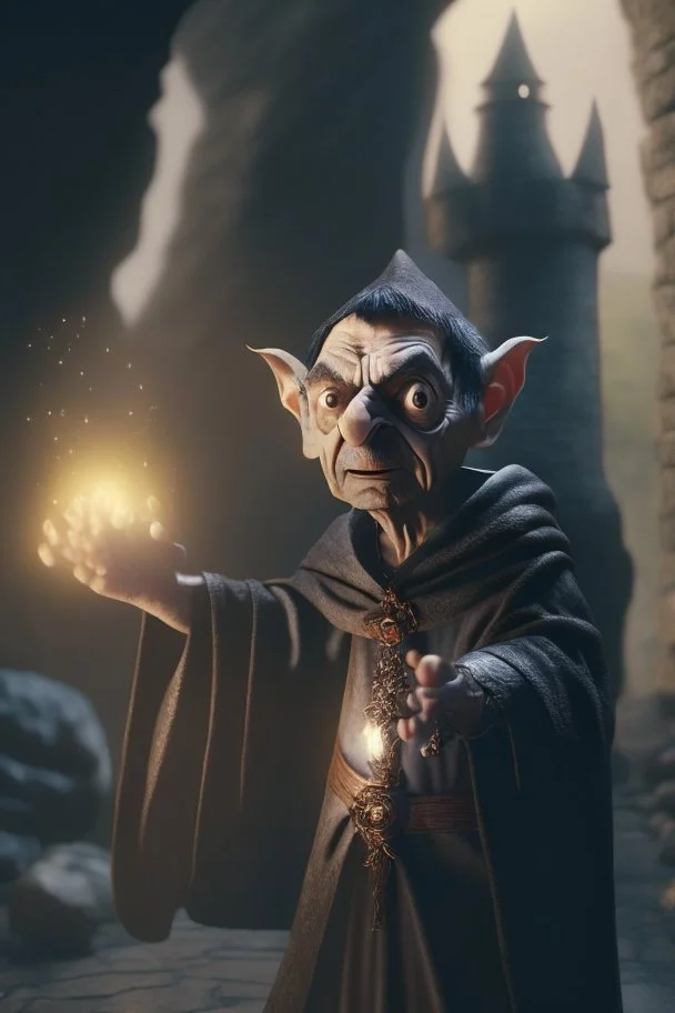 mr bean as robed goblin shaman wielding morning star in dark stone castle, 4 k, trending art, depth of field, volumetric light