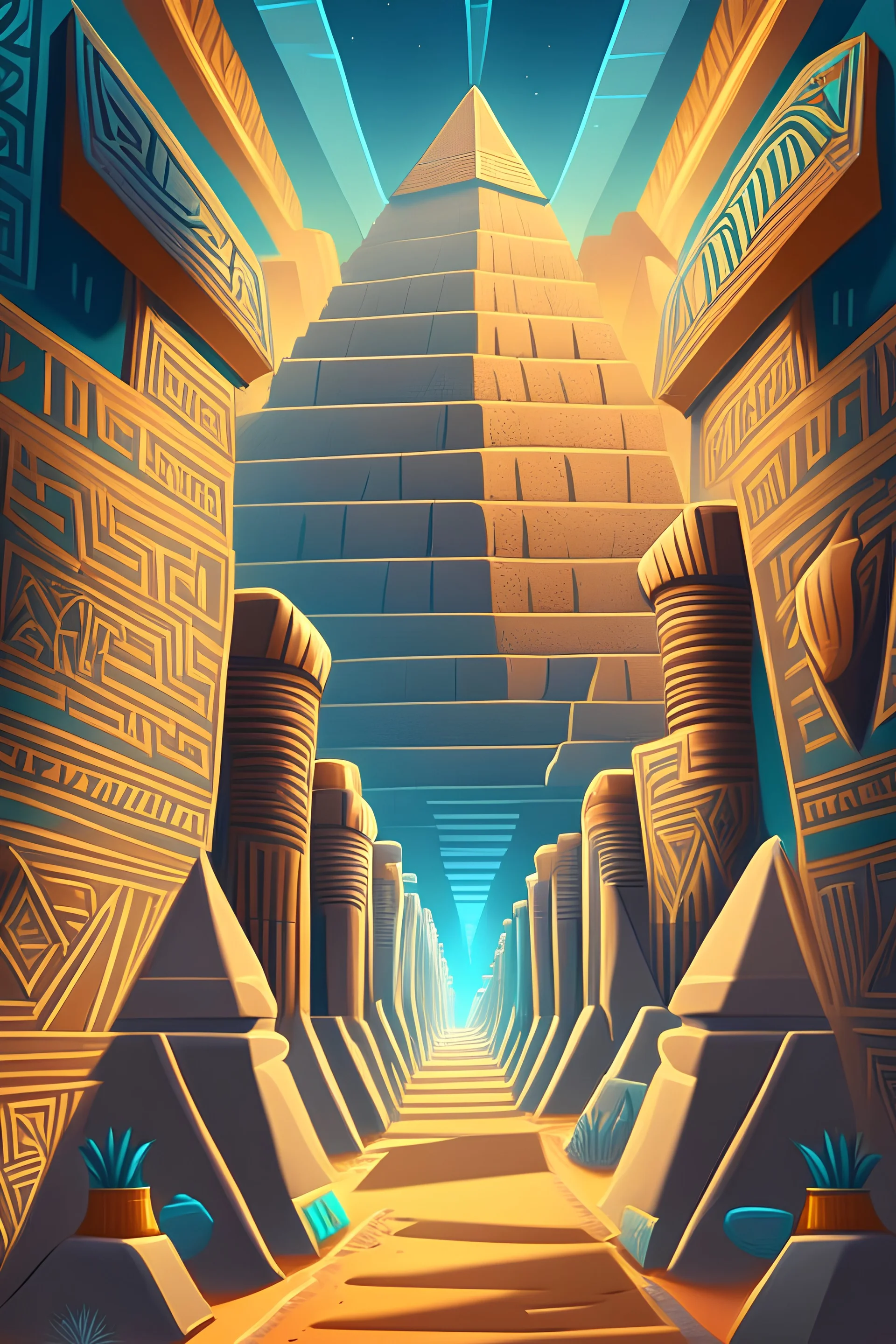 Egyptian pyramids, corridor to Pharaoh's tomb, walls with different patterns, palm circumcision, cartoon style, fantasy, digital art, 8k, full details, high resolution