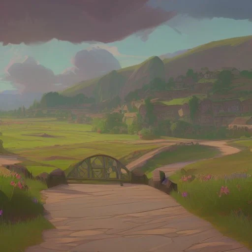 "Generate a picturesque countryside scene with rolling hills, a meandering river, and a quaint stone bridge. Add a field of colorful wildflowers and a clear blue sky with fluffy white clouds."overhead."and pink."