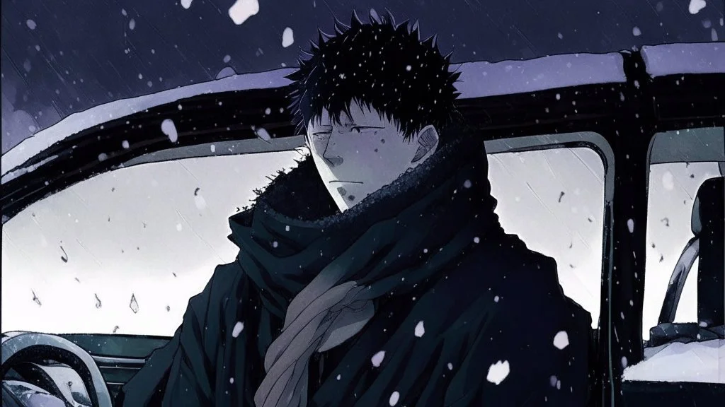 Megumi Fushiguro | Jujutsu Kaisen a guy with disheveled black hair an anime character is sitting in a car wearing a scarf. It's snowing outside and it's nighttime. Everything is pale and dreary