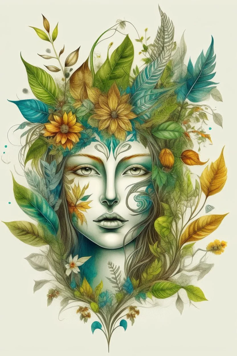 The fusion of a human face with elements of nature such as flowers, leaves or feathers, highlighting the symbiosis between humans and nature that is often a theme in boho art.