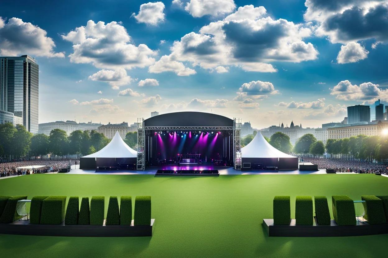 a big open disko stage in modern city in a very big square , at distance,blue sky pretty clouds ,night .