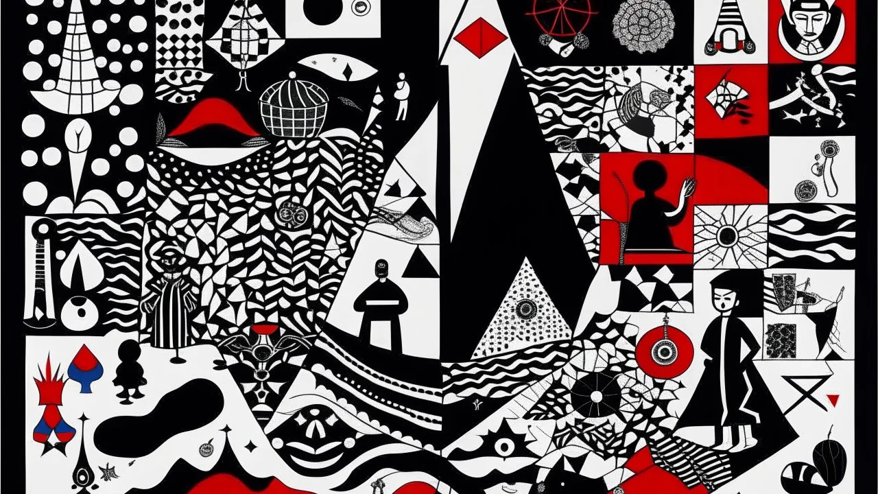 An abstract and geometric illustration by Malevich and Kuniyoshi of a black and white desert filled with symbols with an anarchist red and back flag.