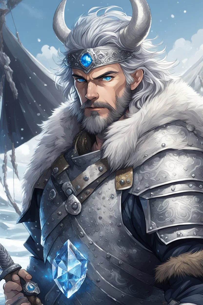 in anime style, 1man, a man with blue eyes and grey hair man in silver Viking armor with fur around the neck with blue crystal on his chest holding an axe in his hands standing on a pirate ship in the artic, warrior in anime style,