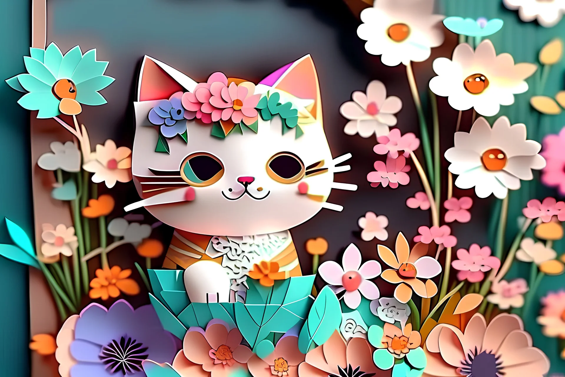 paper art, chibi cute cat, flowers altos detalles, 4K high details , full body --auto --s2, good details, funny