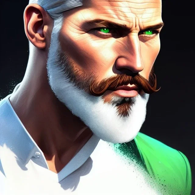 "MIddle aged white human male, with a trimmed but uneven beard, piercing green eyes with slick back hair,complete head and shoulders portrait, 8k resolution concept art portrait by Greg Rutkowski, Artgerm, WLOP, Alphonse Mucha dynamic lighting hyperdetailed intricately detailed Splash art trending on Artstation triadic colors Unreal Engine 5 volumetric lighting Splash art fantasy"