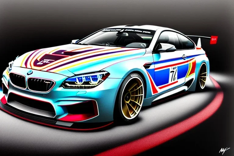 a true-to-life 2016 BMW M6 GT3, centered, intricate, extreme detailed, photorealism, center view, city background, pivot on bmw, pen and color marker painting by cheryl kelley