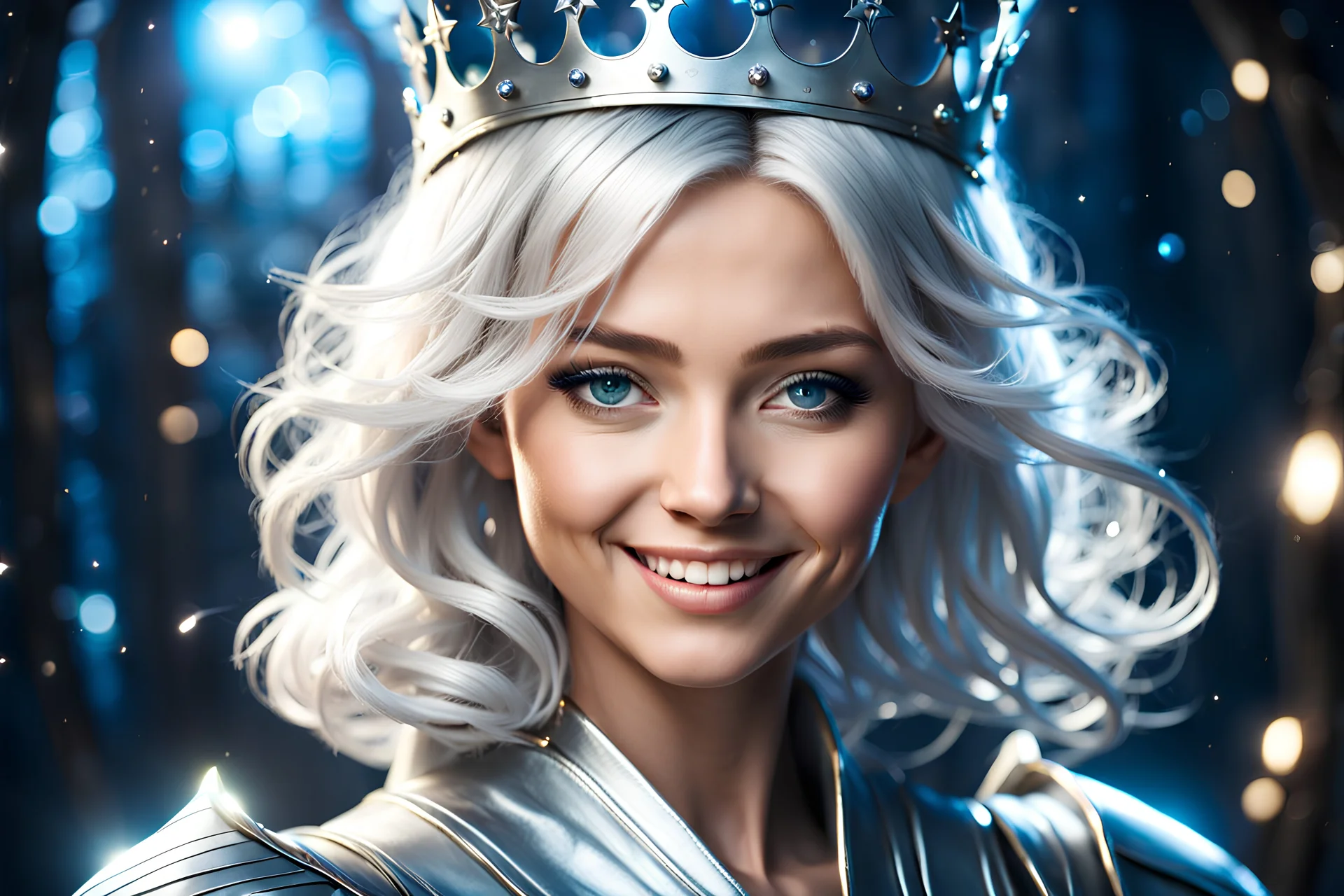 Highly detailed portrait of a beautifull fairy,smiling face with a wavy silver hair, blue eyes,light skin, wizard crown, cosmic robes, cinematic lighting, dramatic atmosphere, greg rutkowski, 4k resolution, nier:automata inspired, bravely default inspired, magical fairy background,