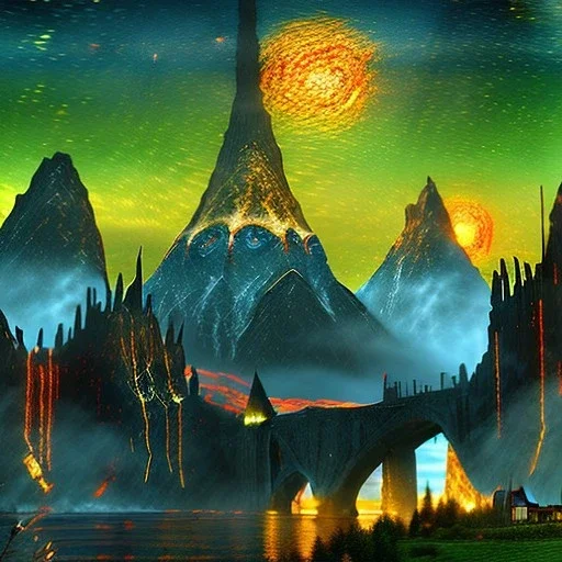 Epic Drawing of mordor scenery with Orcs estilo Van Gogh 4k