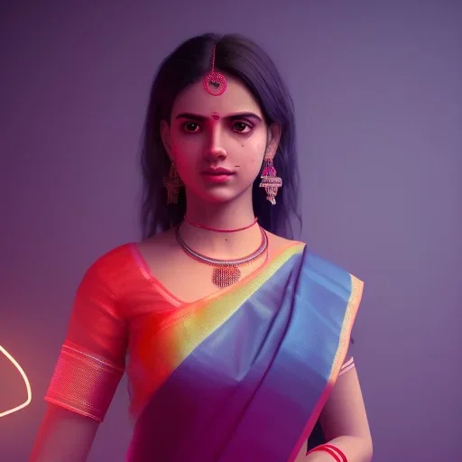 full body photo of a girl in saree in dark room with neon light ,hyperrealistic,detailed,8k,cinematic