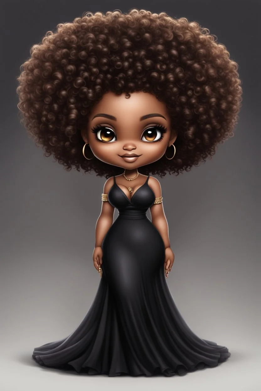 create a digital airbrush image of a chibi curvy black female wearing a black maxi dress and black sandals. Prominent make up with brown eyes. Highly detailed wild tight curly afro.