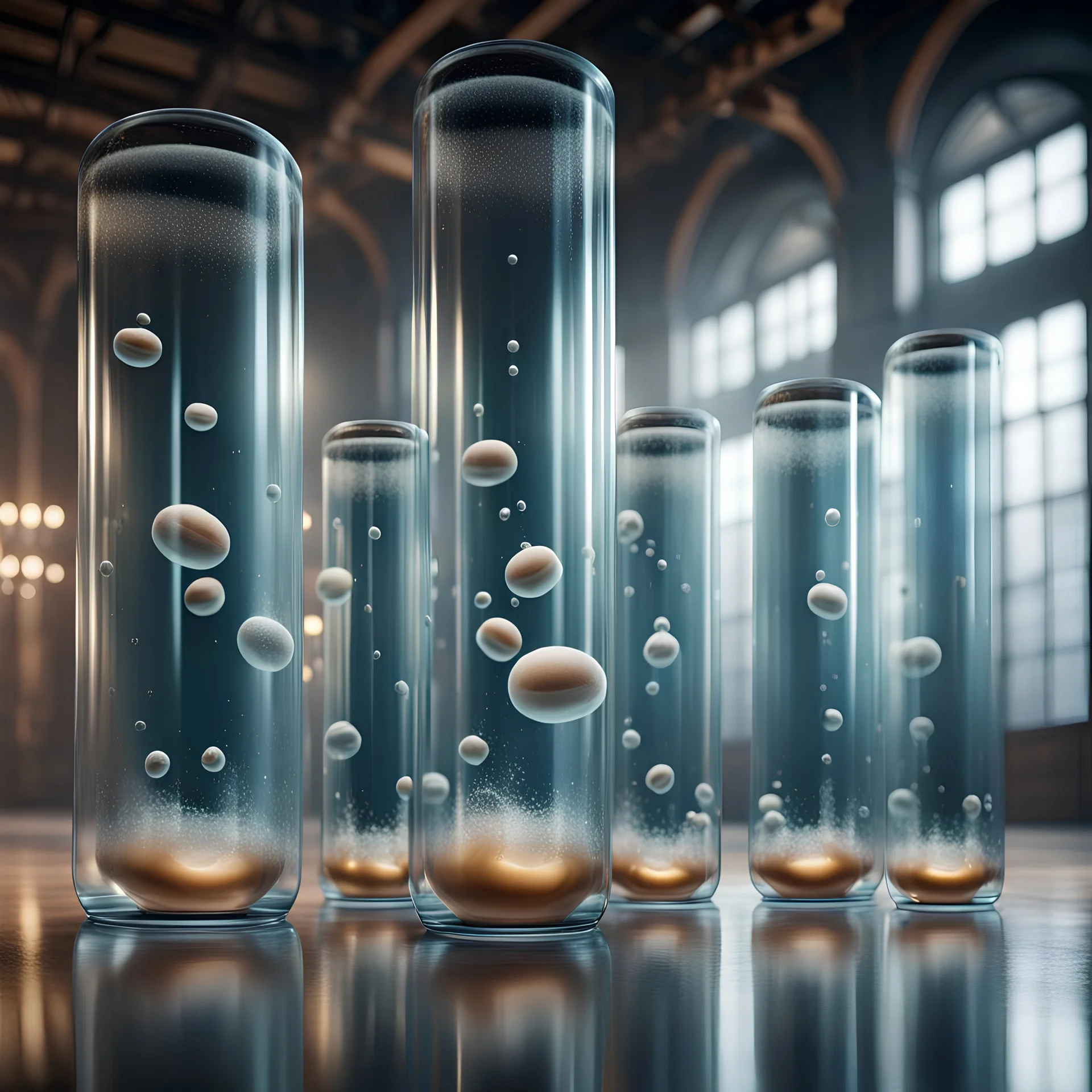 Large glass cylinders with embryos floating in liquid in a large hall 4k photo realism