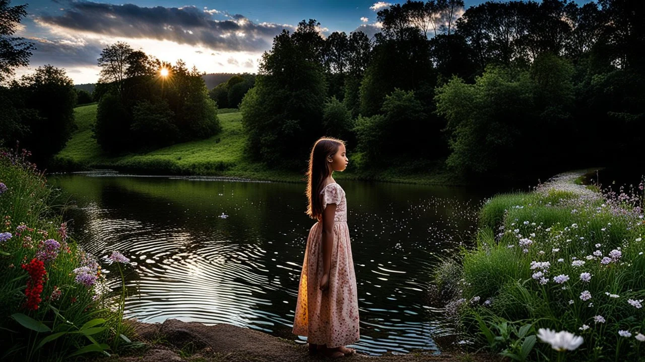 country side small river nice rocks at floor wild flowers blosom pretty sky and cloudes a beautiful young girl standing gracefully in water