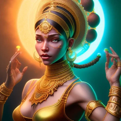 dhalsim as gypsy woman ,yoga artist , levitated lab equipment, 4k, Highly Detailed, Masterpiece, perfect eyes, Digital Illustration, Cinematic Lighting, Realistic, Sharp Focus, Centered, Beautifully Lit, Bioluminescent by Stanley Artgerm Lau