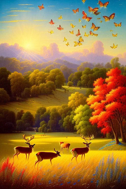 Walt Curlee style illustration of a bucolic countryside, with deer roaming in the meadow, birds and butterflies in the trees. intricate details, masterpiece, museum quality, sharp focus, vibrant colors, Maxfield Parrish style blue sky, indigo, red, earthy, hyper-realistic