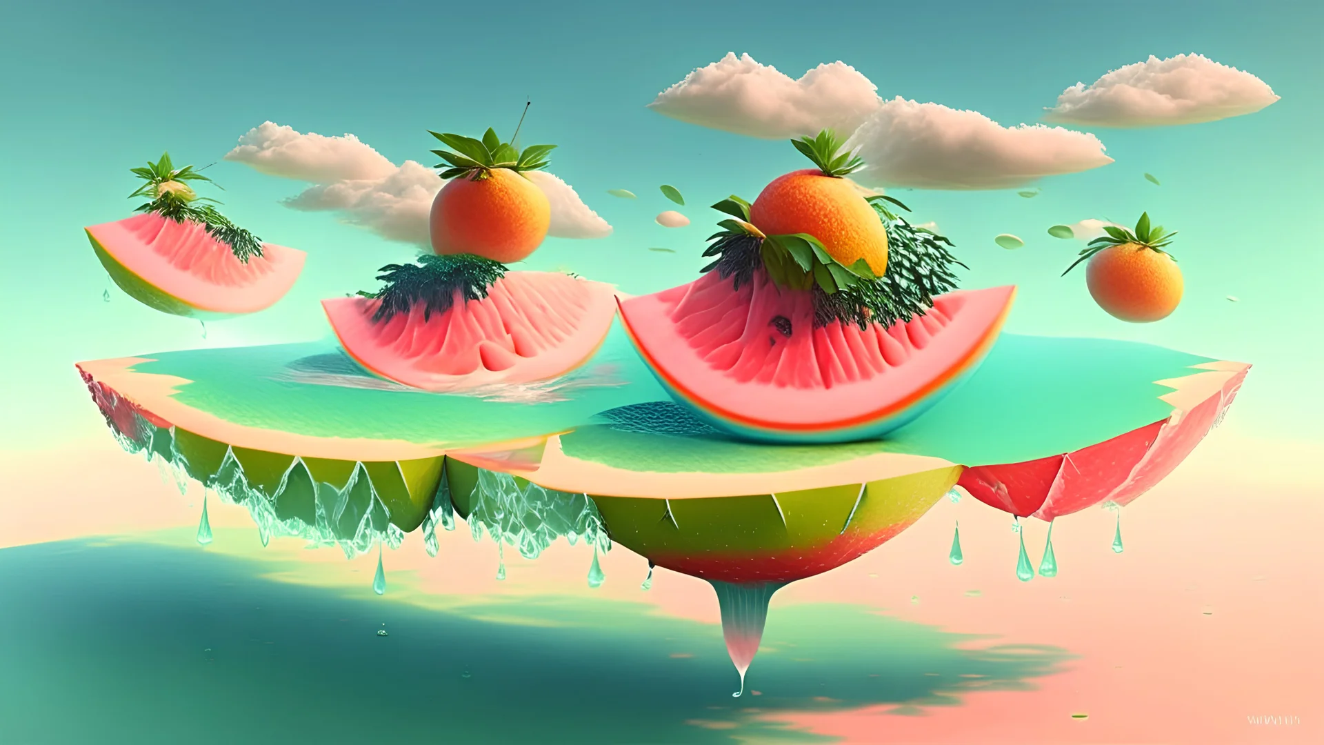 Floating Fruit Islands: Imagine a landscape where slices of watermelon, citrus fruits, and melons hover just above the ground, forming floating islands amidst a gentle fruit rain. The air is filled with a sweet aroma as the fruits sway with the breeze.