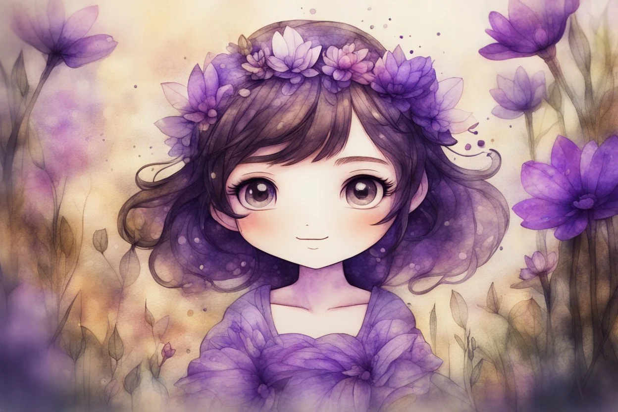 double exposure, merged layers, painted and burned burlap, cute chibi contented brunette anime purple flower princess in a flowergarden, melting watercolor and black ink outlines on wet paper, soft, shading strokes, in sunshine, ethereal, otherwordly, cinematic postprocessing, bokeh, dof