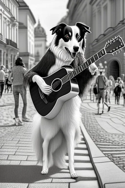 One single mature border collie, playing guitar in the street , Vienna, friendly, sunny day, model style, hyper realistic, extremely accurate, delicate, extremely detailed, Graphic novel style, wide-angle, open aperture, superfine pencil