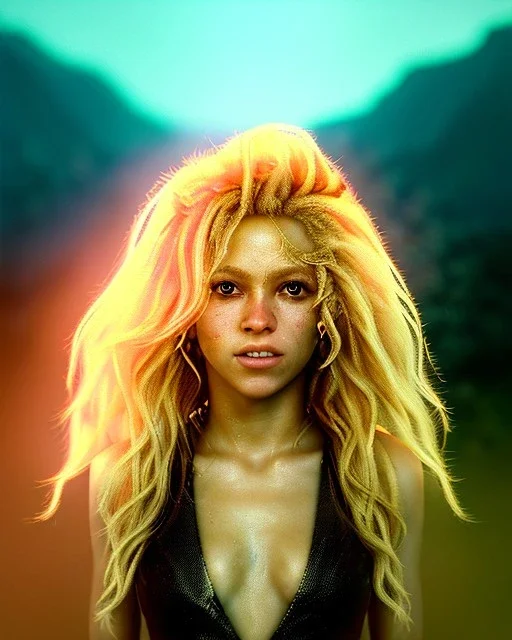 portrait, Shakira, blonde artist, Realistic image, drinking a strawberry milkshake, gold line make-up, sweat, fog, goddess style, Neon colors, leds. Black background, photo studio, concept art, smooth, unreal engine 5, god lights, ray tracing, RTX, lumen lighting, ultra detail, volumetric lighting, 3d, finely drawn, high definition, 4k.