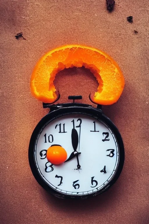 portrait, an orange with a clock embedded in its rind, AbstractTech clockpunk, Food photography, beautiful, delicious food, recipe photography, realistic, natural light, colorful, food art, object photography, vignette, ultra HD