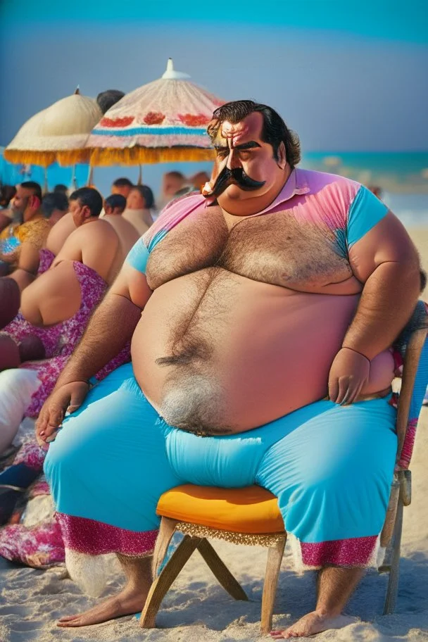 full figure shot photography of a serious ugly burly chubby strong turkish 51 years old with traditional pants, sells colored pareos on a crowded beach, mustache, sitting on a beach chair, sunligh, photorealistic, 35mm lens, side light, ambient occlusion