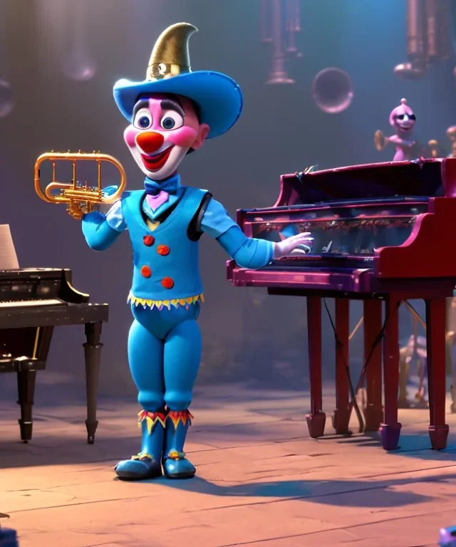 mechanoid clown playing jazz with a steampunk theme, trumpet, realistic