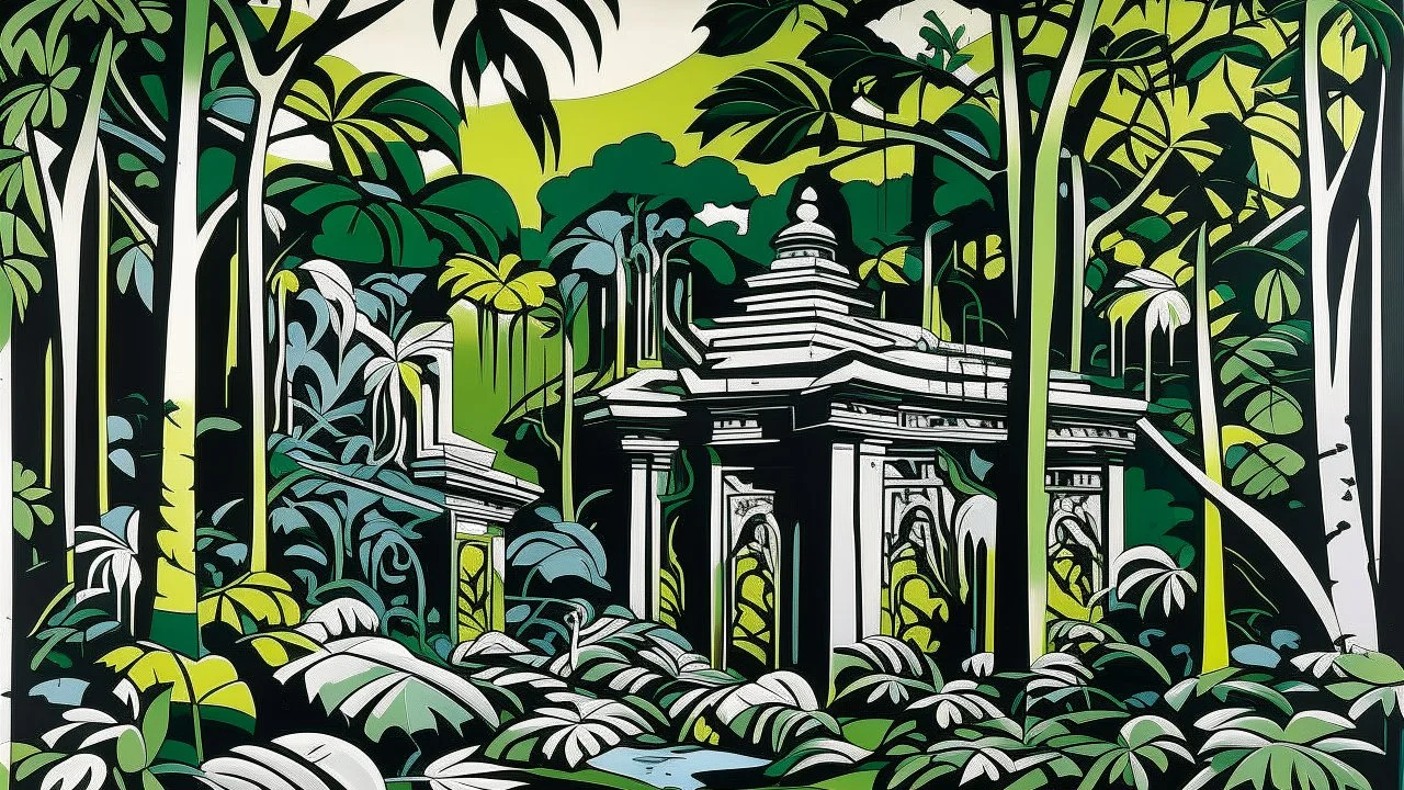 A dark green jungle with a ruined temple painted by Roy Lichtenstein