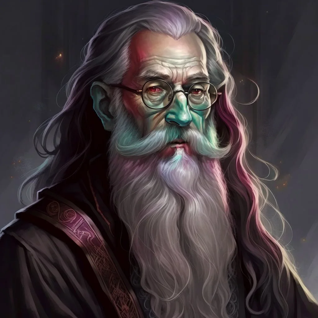 dnd, fantasy, wizard, portrait, face, close up, long beard, black hair, angular features, long, slender, old, professor