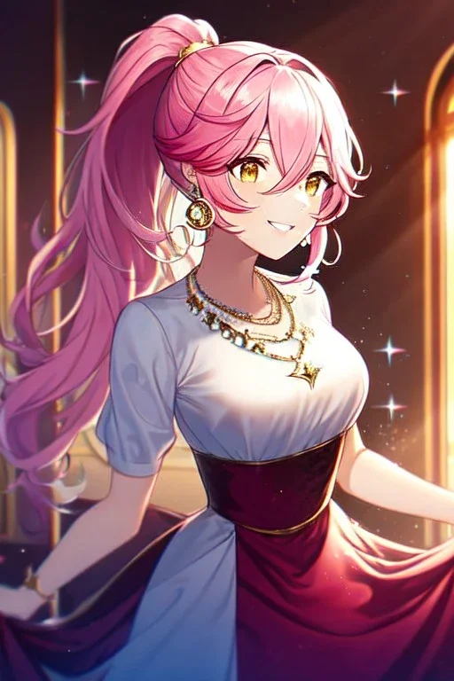 girl, masterpiece, best quality, cinematic lighting, detailed outfit, vibrant colors, perfect eyes, pink hair, long hair, golden eyes, ponytail, messy hair, dress, sparkle, necklace, earrings, hair between eyes, looking up, smiling, indoors, light rays,