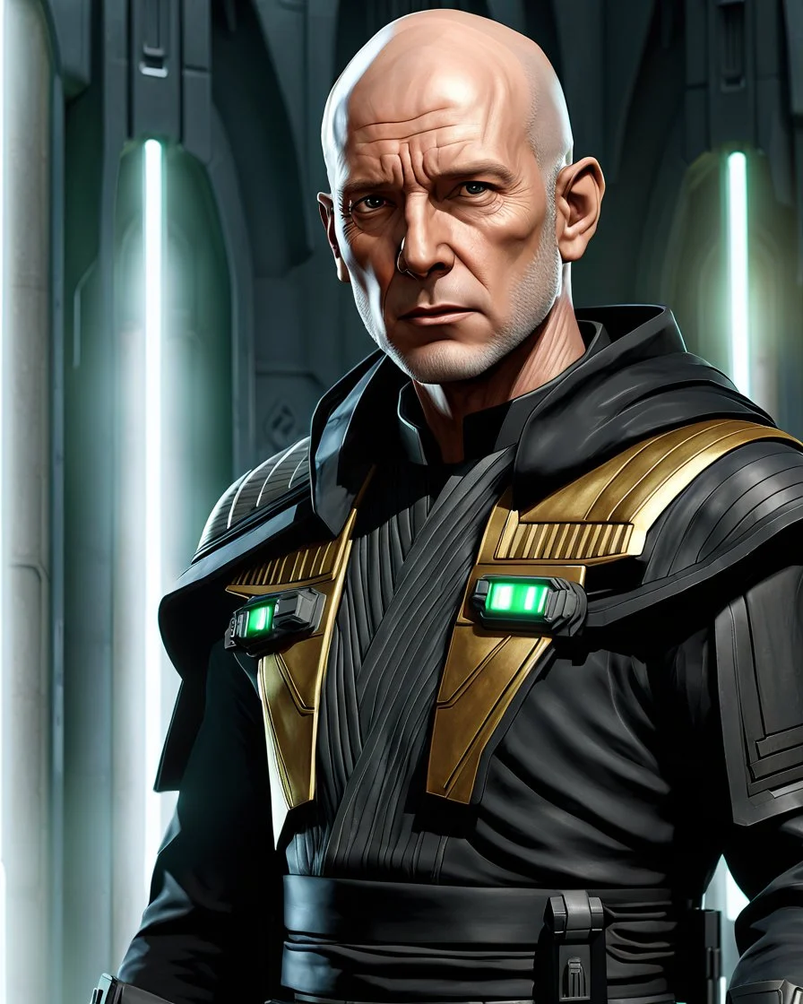 star wars bald male corellian pilot wearing dark gunmetal grey and black First Order special forces TIE pilot armored flightsuit and helmet with gold trim inside the jedi temple, centered head and shoulders portrait, hyperdetailed, dynamic lighting, hyperdetailed background, 8k resolution, volumetric lighting, light skin, fully symmetric details