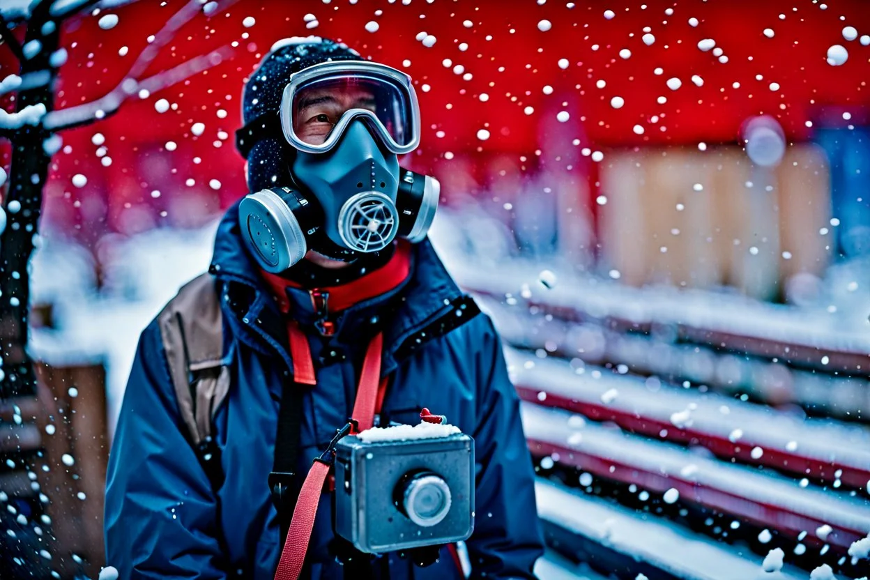 close up documentary photography, Calgary, Respirator, scientist, Dystopian, Hyper detailed, realistic,Japanese, Extreme depth of field, bokeh blur, winter, blizzard, Alberta, all-natural, in the style of candid, Captured on lustrous Kodak Vision3 Color Negative Film 500T 5219,